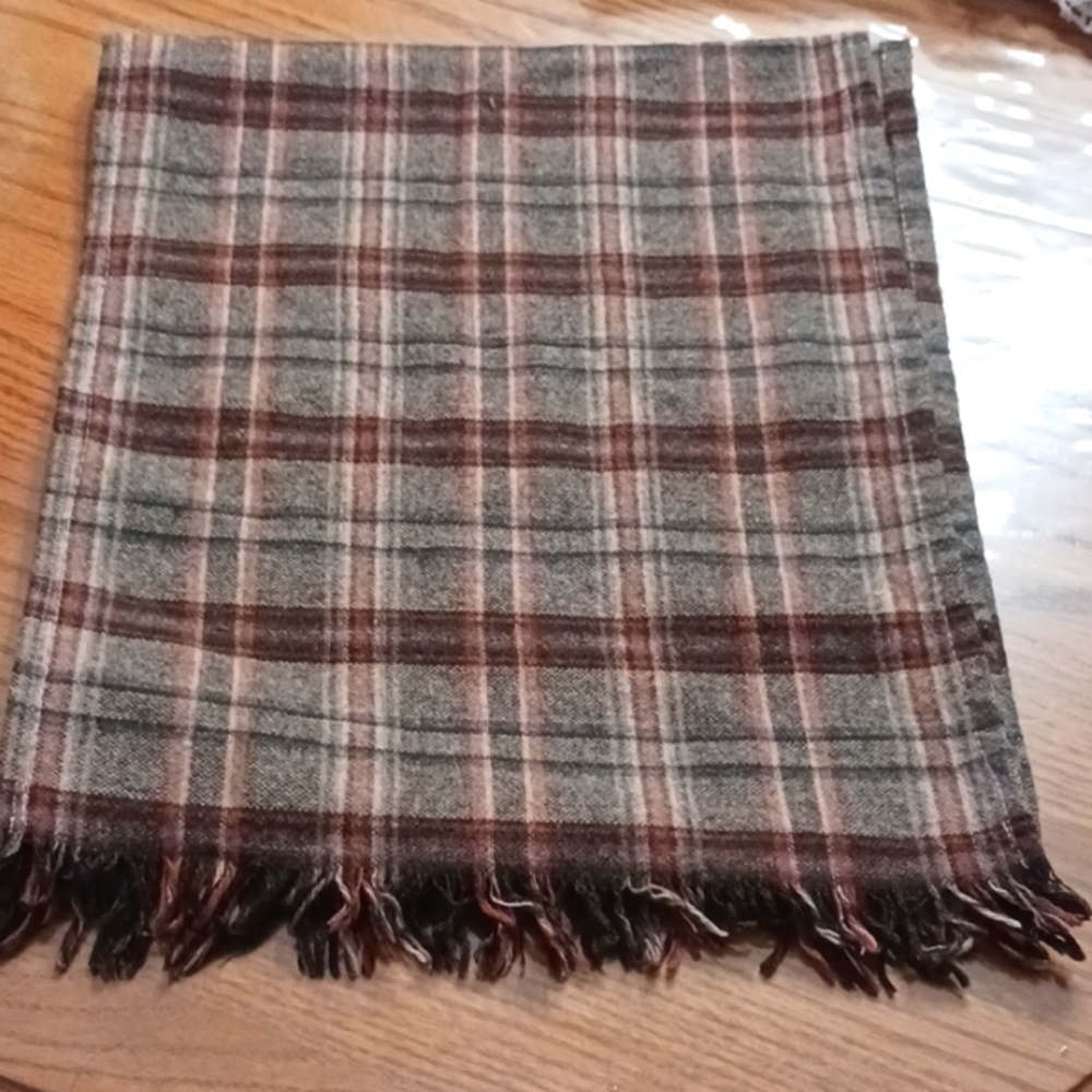 Brown checkered scarf Fringe colors Brown,Orange Black Beige light Blue. Acrylic